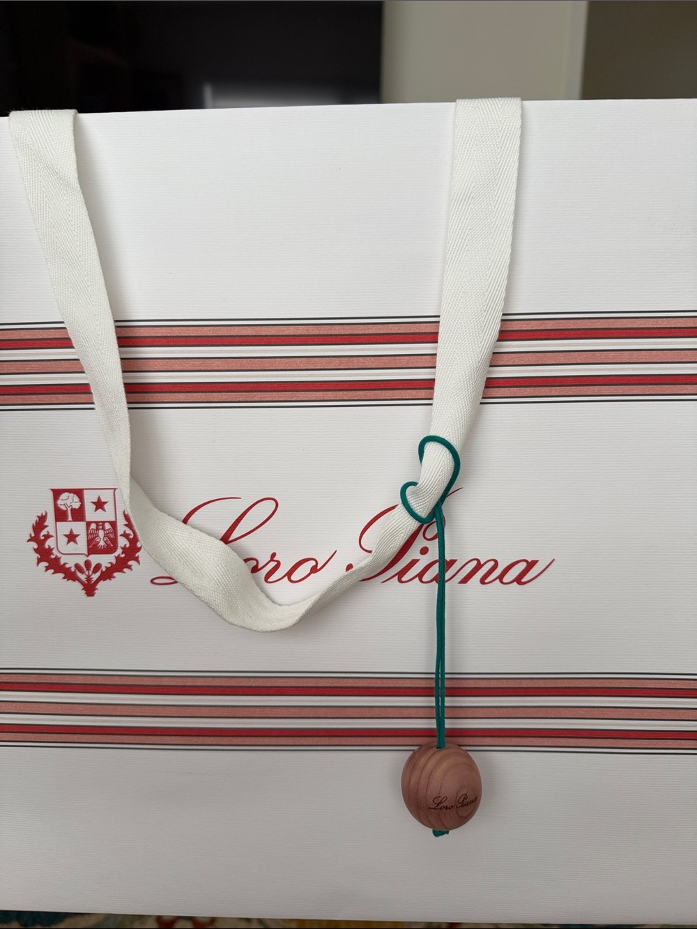 Loro Piana White Shopping Bag with Red Stripes & ball
